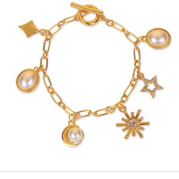 NWT Charter Club Gold-Tone Crystal & Imitation Pearl Celestial Charm Bracelet - Picture 1 of 6